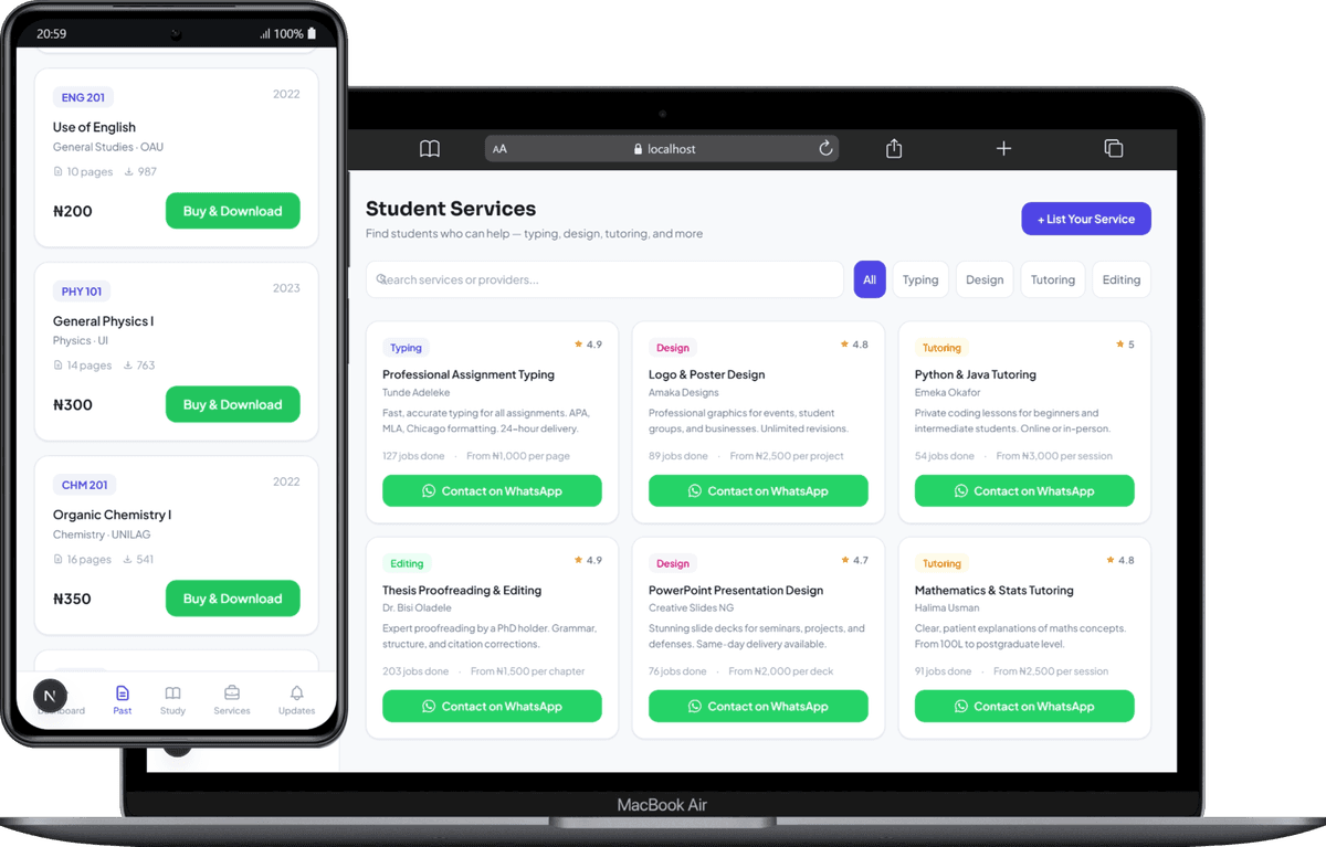 Acadron platform mockup showing student dashboard, past question library, and study notes marketplace.